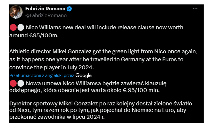 Tyle wynosi NOWA KLAUZULA ODSTĘPNEGO w umowie Nico Williamsa!